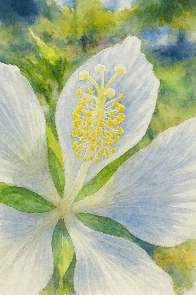 白いモミジアオイの雄しべを中心に描いた水彩画風のボタニカルイラスト