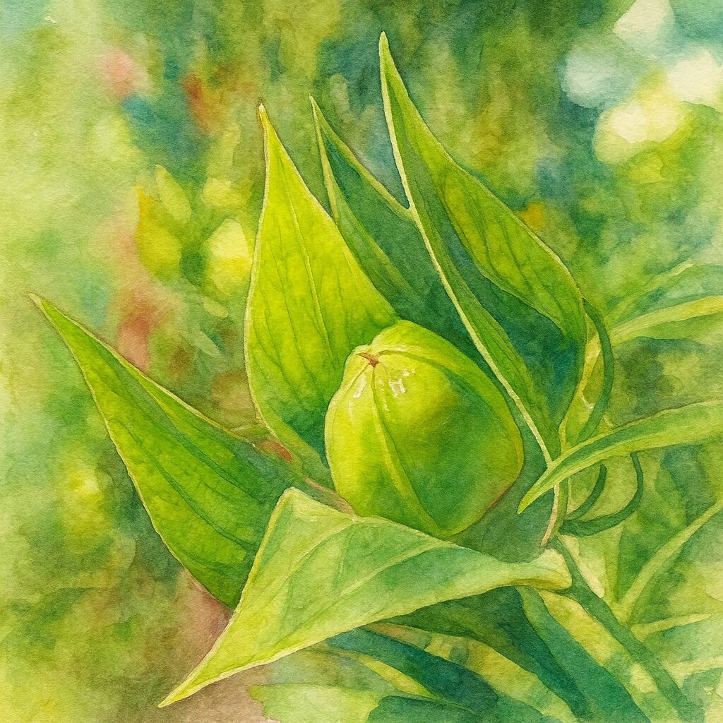 モミジアオイのつぼみを鮮やかな緑で描いた水彩画風ボタニカルイラスト。萼片の形や光の表現が美しい作品