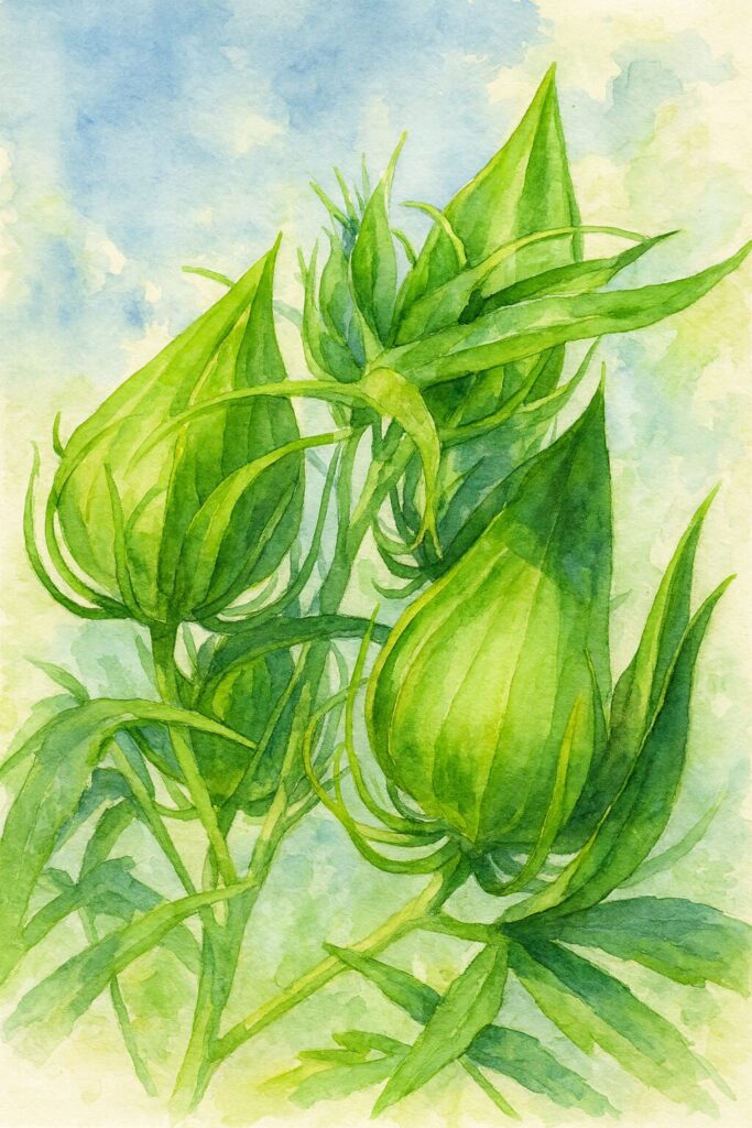 青空を背景にモミジアオイの緑色のつぼみを描いた水彩画風イラスト