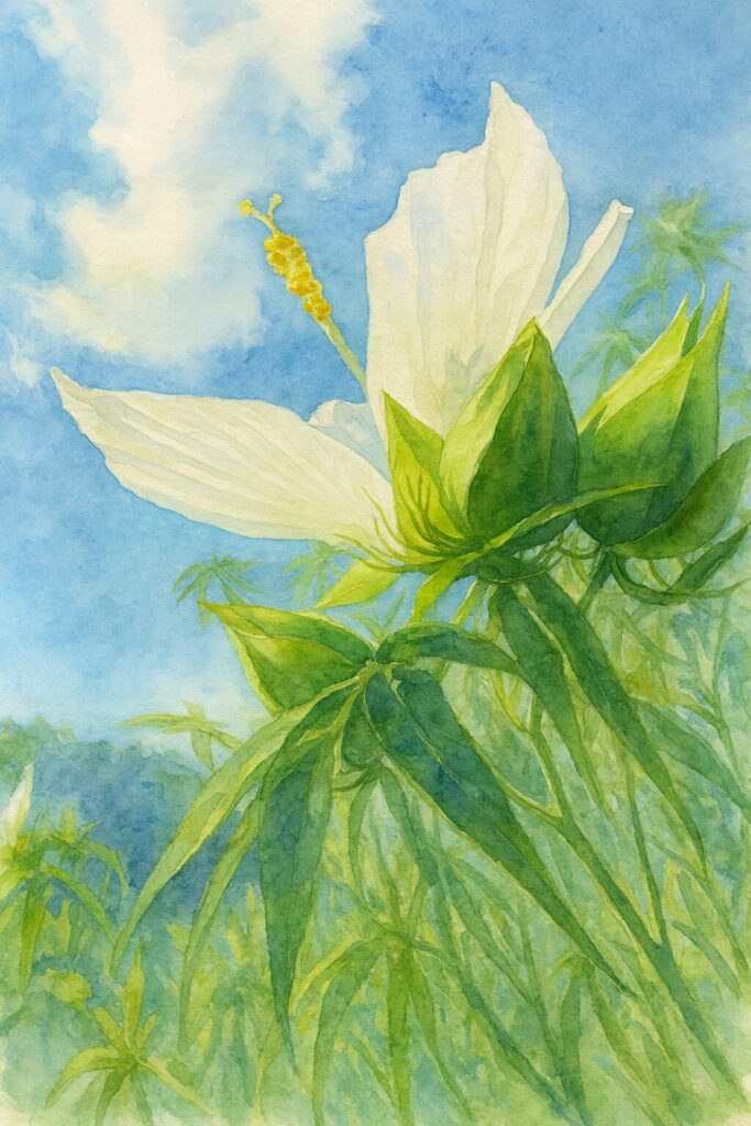 青空と雲を背景に白いモミジアオイを描いた水彩画風の植物イラスト