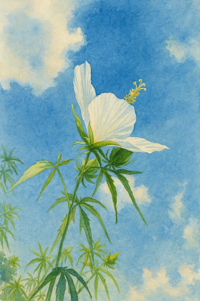 青空の下で咲く白いモミジアオイを描いた水彩画風のボタニカルイラスト