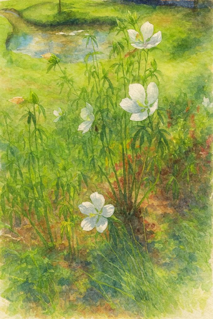 川辺の緑地に咲く白いモミジアオイを描いた水彩画風イラスト