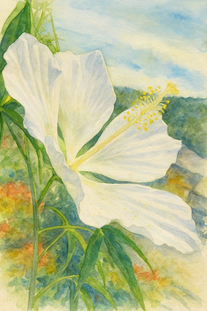 青空を背景に咲く白いモミジアオイの花を描いた水彩画風イラスト