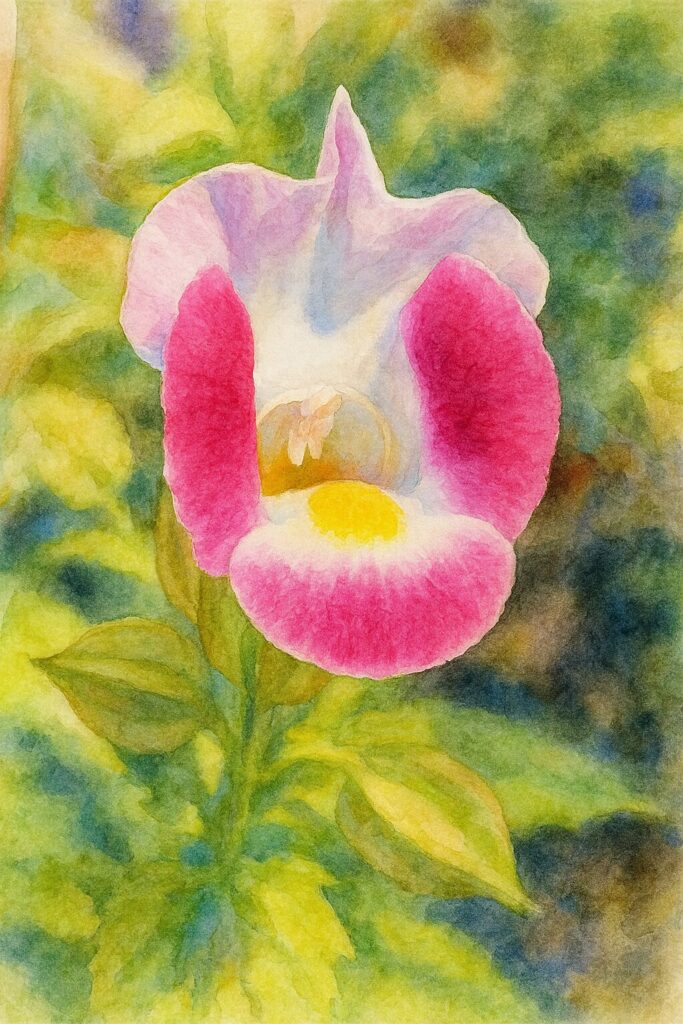 水彩画風に描いたトレニアの花のイラスト｜鮮やかなピンクと白の花弁が特徴