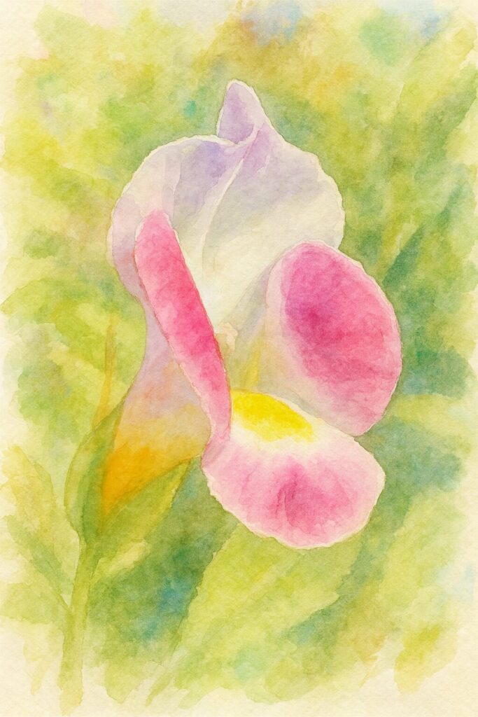 水彩画風に描いた横向きのトレニアの花のイラスト｜柔らかなタッチで表現されたピンクと黄色の模様