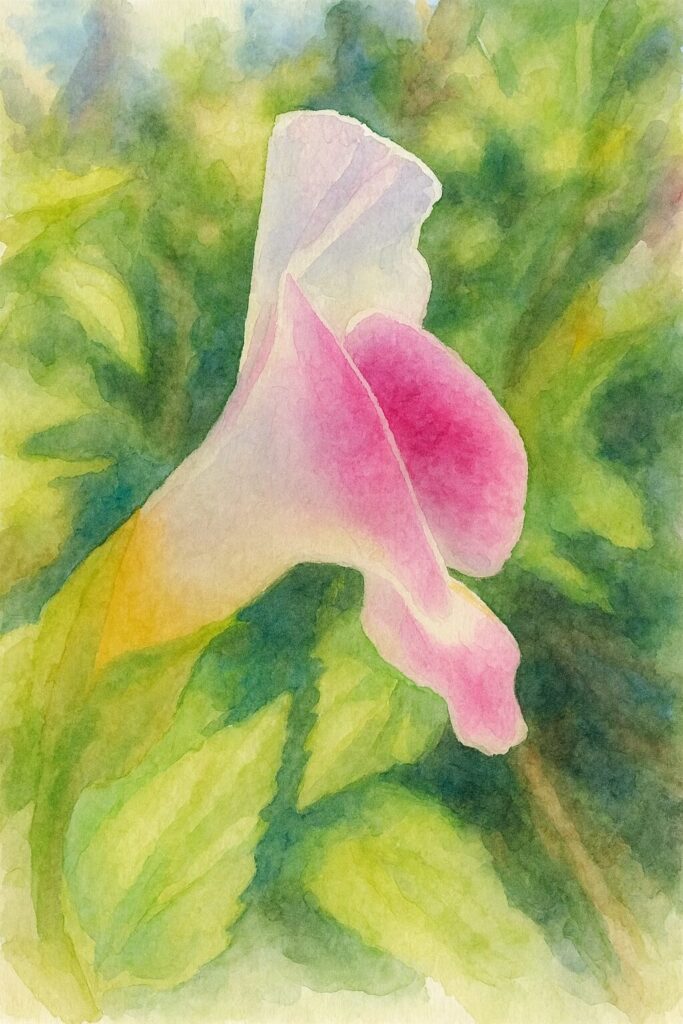 水彩画風に描いた横向きのトレニアの花のイラスト｜柔らかな色彩表現のピンクの花