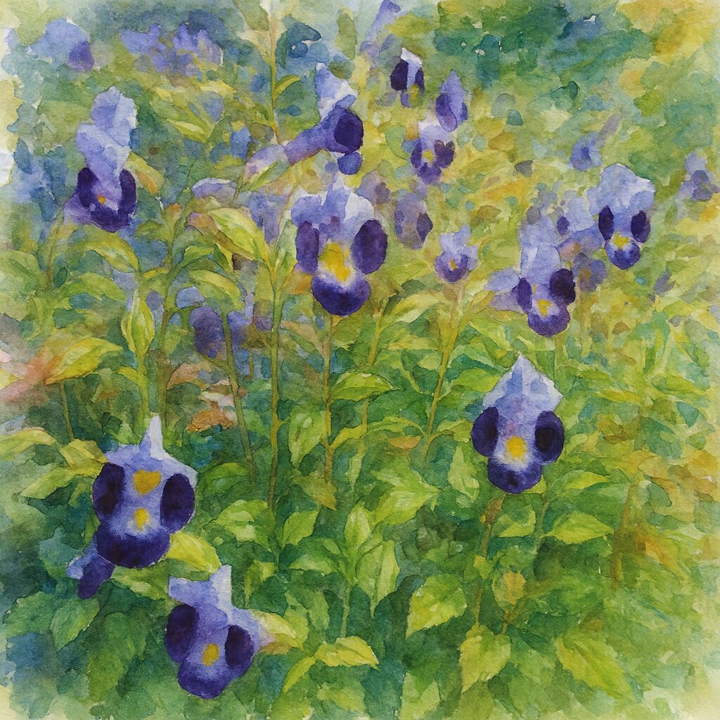 水彩画風に描いたトレニアの群生イラスト｜紫と緑のコントラストが美しい夏の花