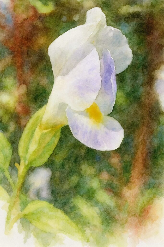 水彩画風に描いた白いトレニアの斜めアングルのイラスト｜柔らかな色彩が魅力の花