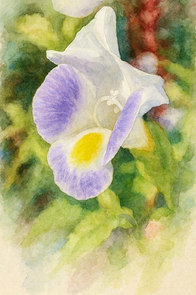 水彩画風に描いた白と紫のトレニアの花のイラスト｜柔らかなタッチで表現されたアップ構図