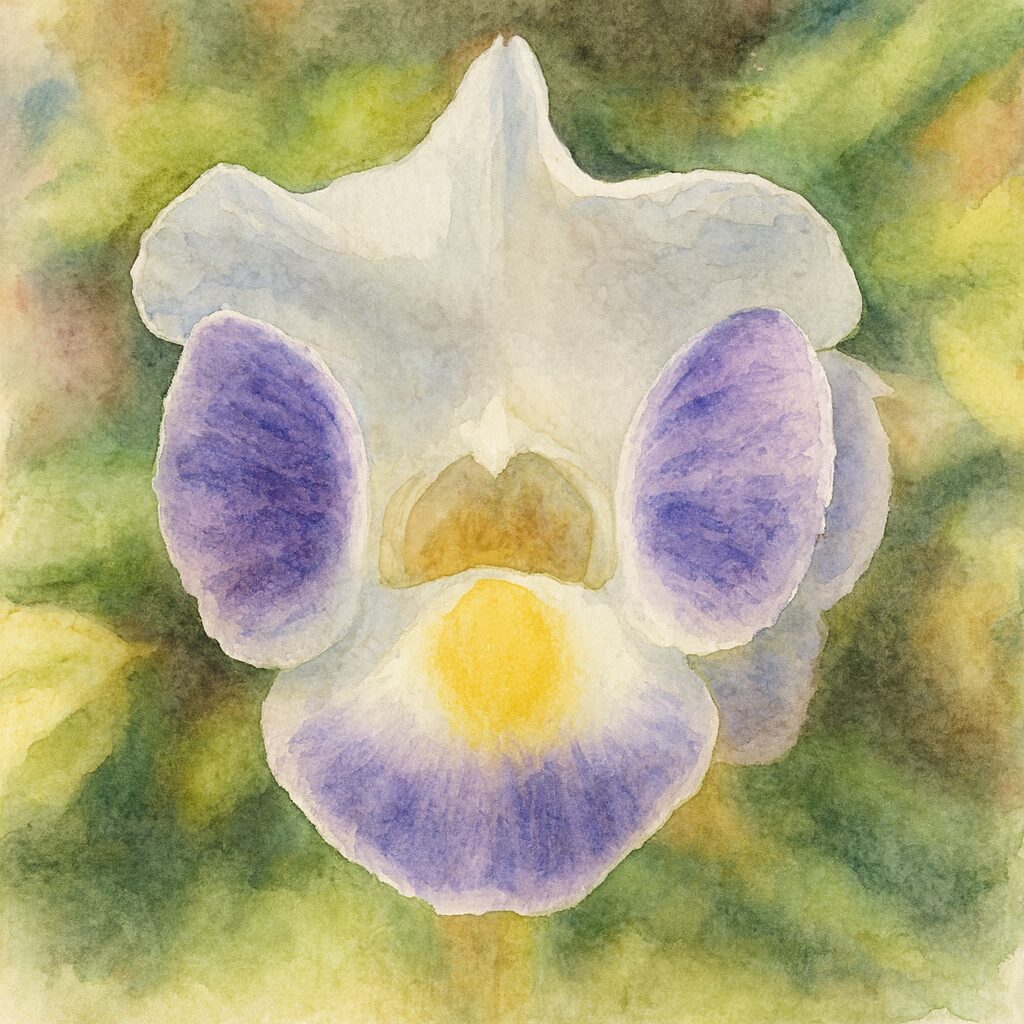 水彩画風の白と紫のトレニア正面イラスト｜柔らかいタッチで描かれた黄色の中心が特徴