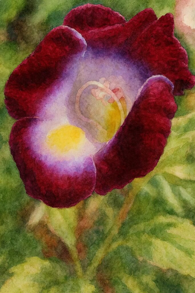 水彩画風に描いたワインレッドのトレニアの花のイラスト｜深い赤色と柔らかな色彩が魅力