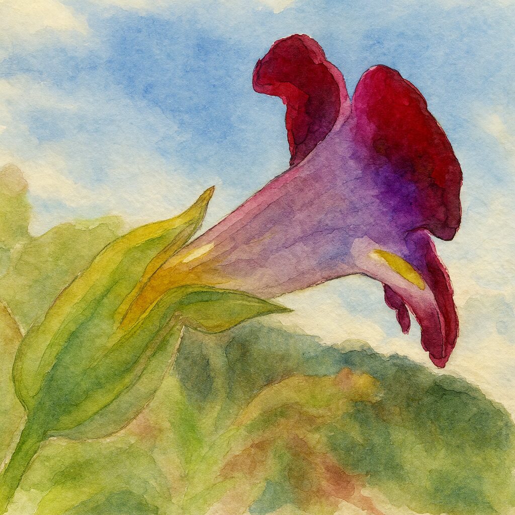 水彩画風に描いたワインレッドのトレニアの横向きイラスト｜青空に映える美しい夏の花