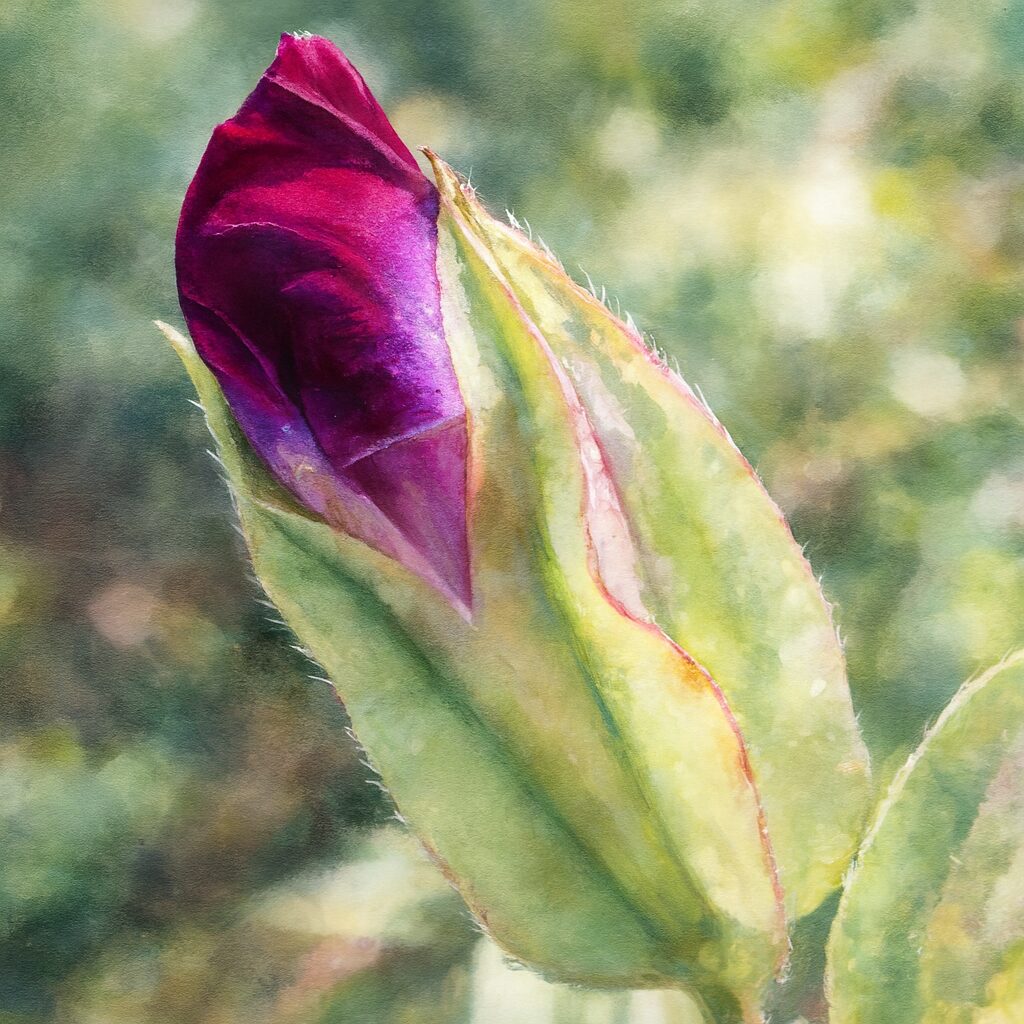 水彩画風に描いたワインレッドのトレニアのつぼみイラスト｜鮮やかな色彩が美しい植物画