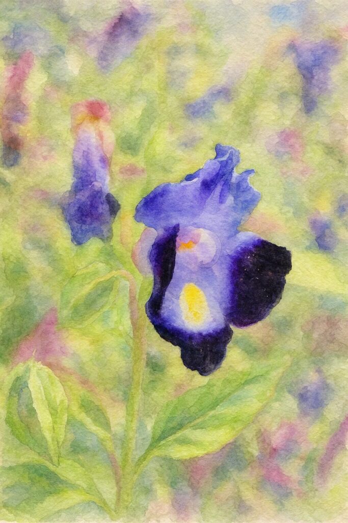 紫と黄が鮮やかなトレニアの花を描いた水彩画風ボタニカルアート｜柔らかな背景の植物イラスト