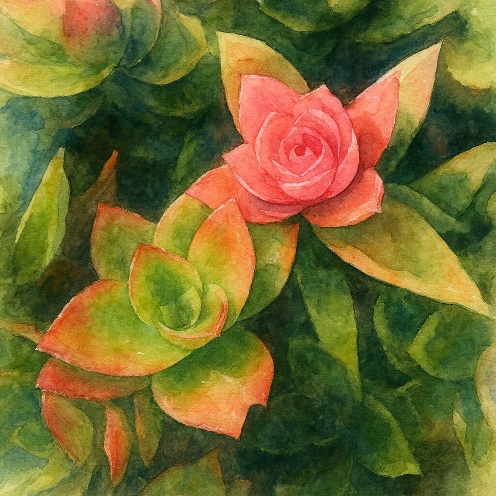 水彩画風に描かれたヒマツリ(多肉植物)の赤と緑のロゼット状葉が美しく際立つイラスト