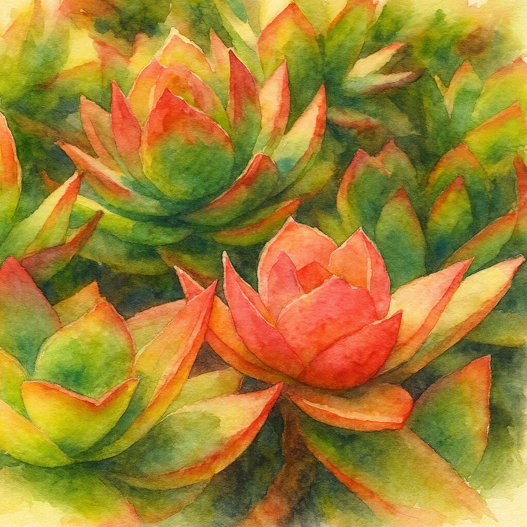 水彩画風に描かれた赤と緑が鮮やかなヒマツリのロゼット状多肉植物イラスト