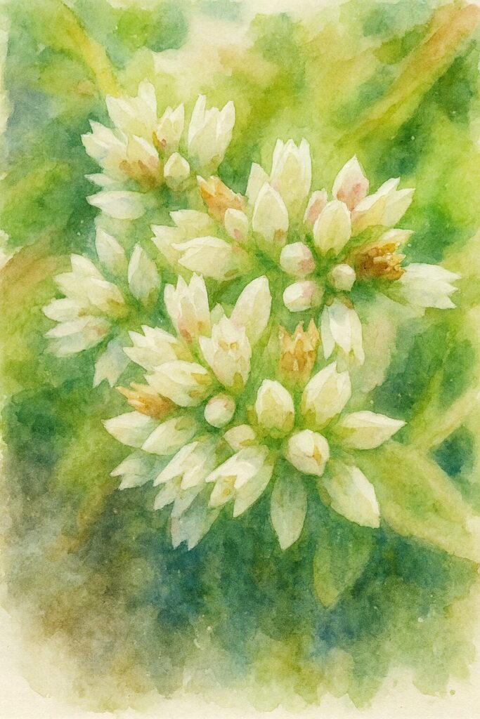 水彩画風に描かれたヒマツリの白い小花が集まって咲く多肉植物イラスト