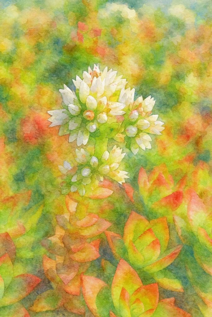 水彩画風に描かれたヒマツリの白い小花と赤く色づいた葉が美しい多肉植物イラスト