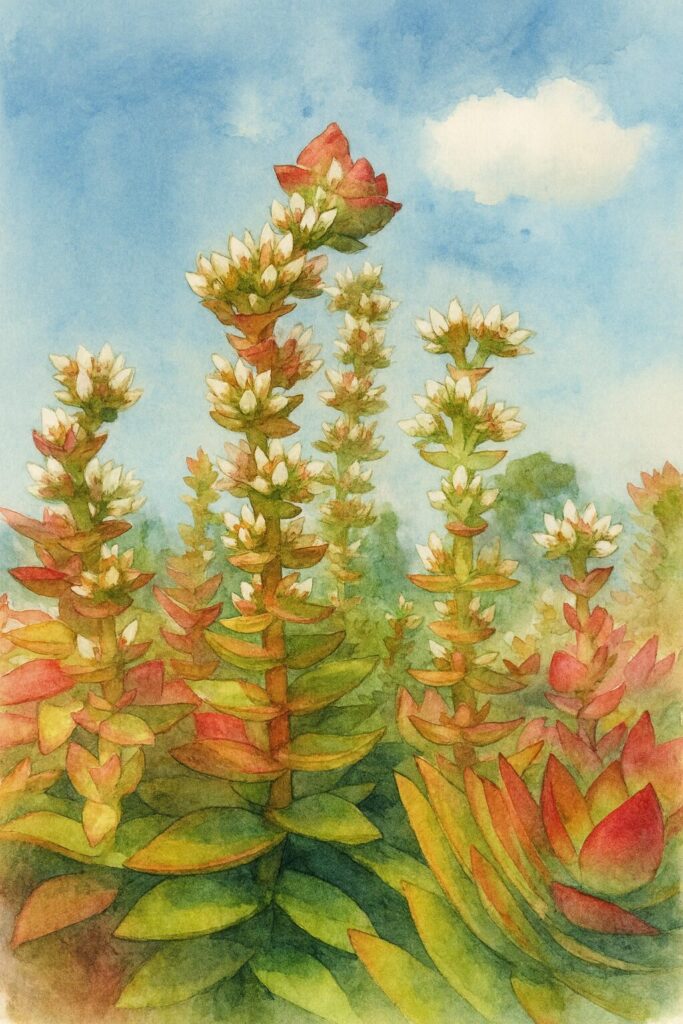 青空の下で白い花を咲かせるヒマツリが縦に伸びる水彩画風多肉植物イラスト