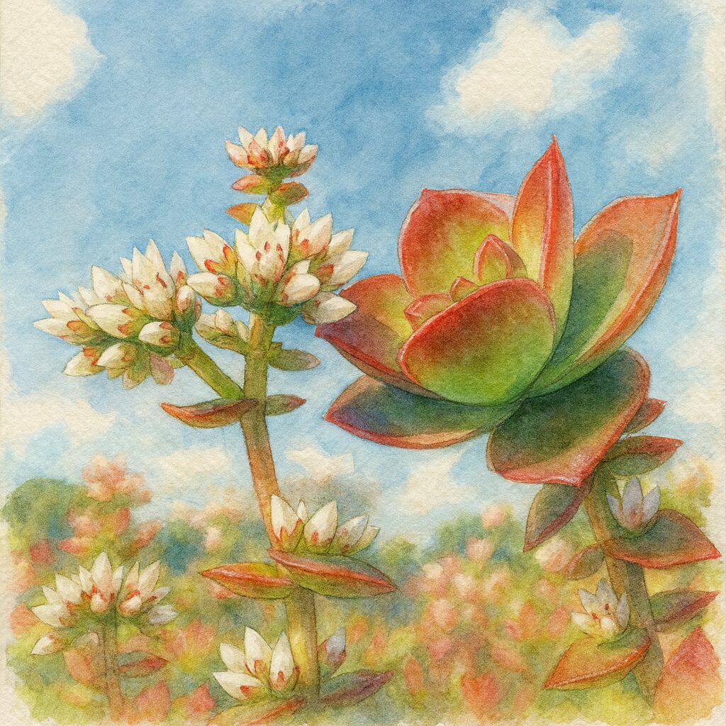青空の下で赤と緑の葉と白い花を描いたヒマツリの多肉植物を水彩画風に表現したイラスト