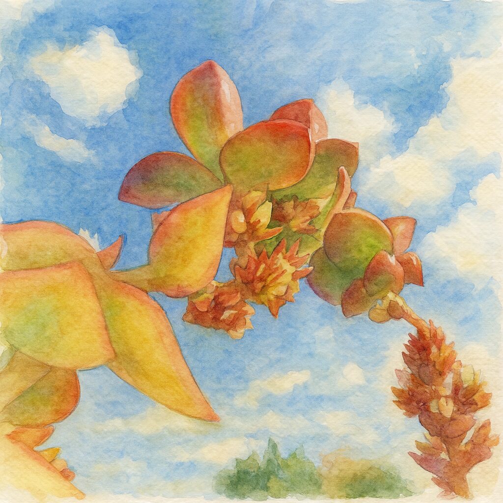 青空の下で赤と黄緑の葉と蕾を持つヒマツリを水彩画風に描いた多肉植物イラスト