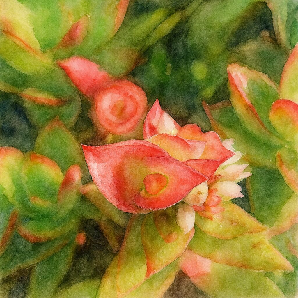 赤い葉が際立つヒマツリの多肉植物を柔らかなタッチの水彩画風で描いたイラスト