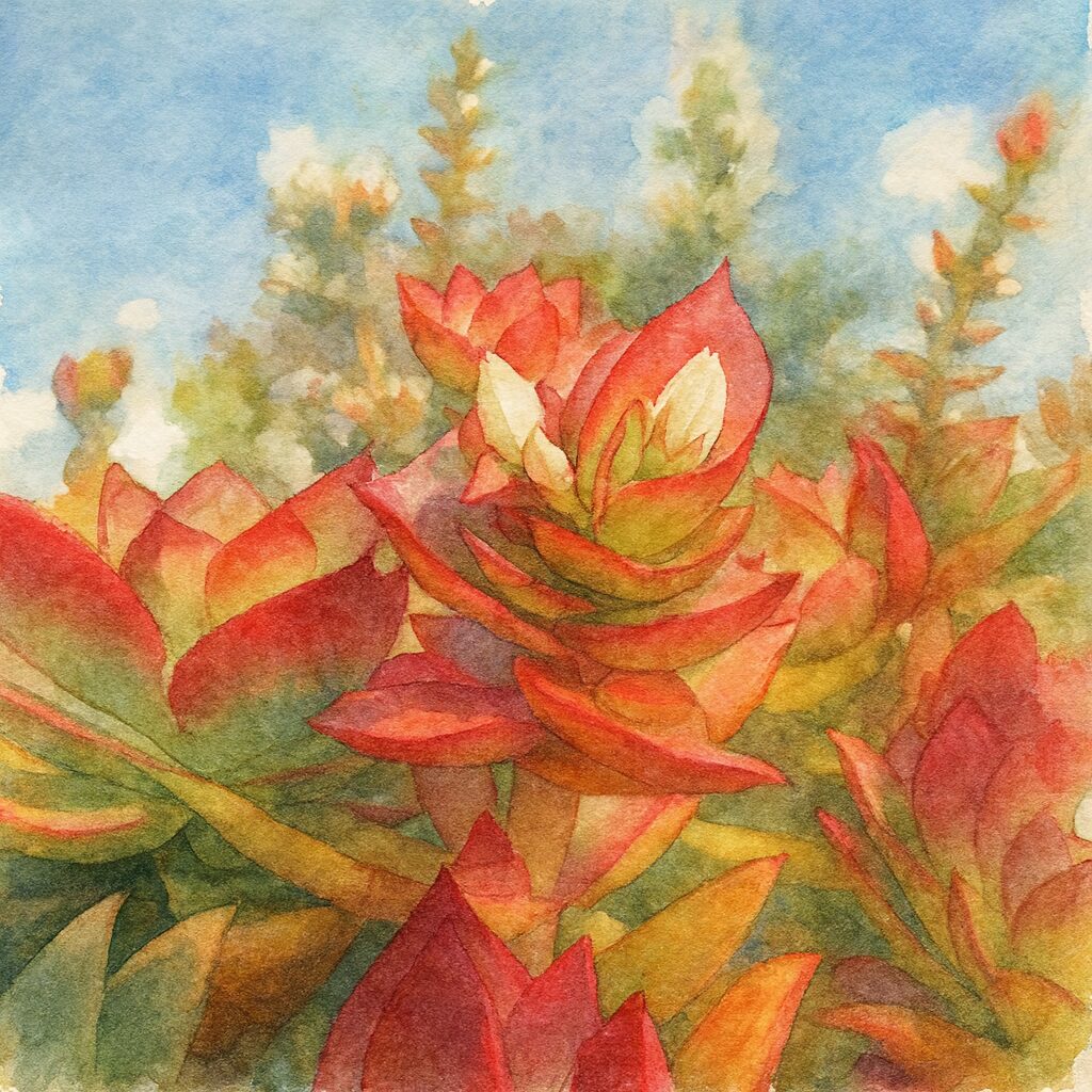 赤い葉が際立つヒマツリの多肉植物を柔らかな水彩画風で描いたイラスト