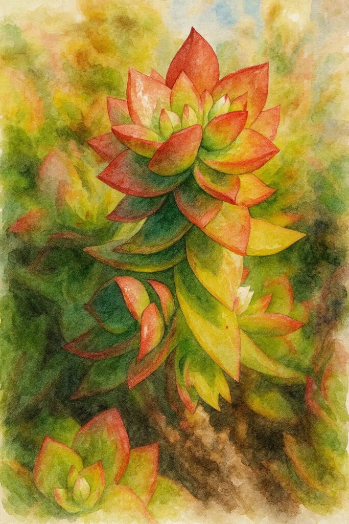 赤と緑が美しくグラデーションするヒマツリの多肉植物を水彩画風に描いたイラスト
