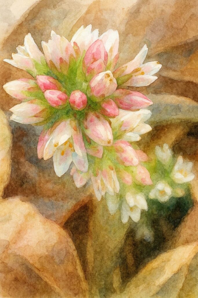 白とピンクの小花が集まるヒマツリを落ち葉背景で柔らかいタッチの水彩画風に描いたイラスト