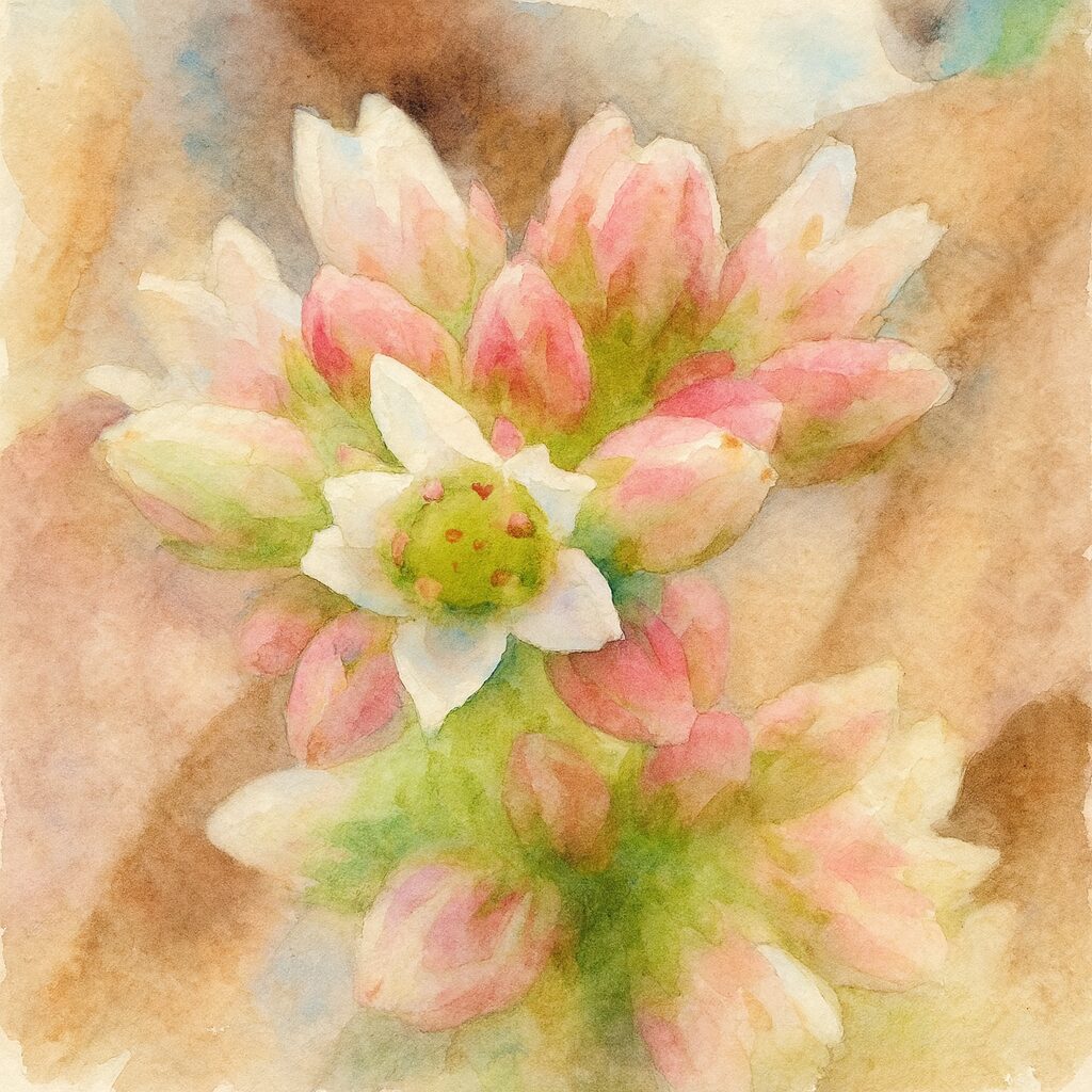 白とピンクの小花が集まるヒマツリの多肉植物を柔らかい水彩画風で描いたイラスト