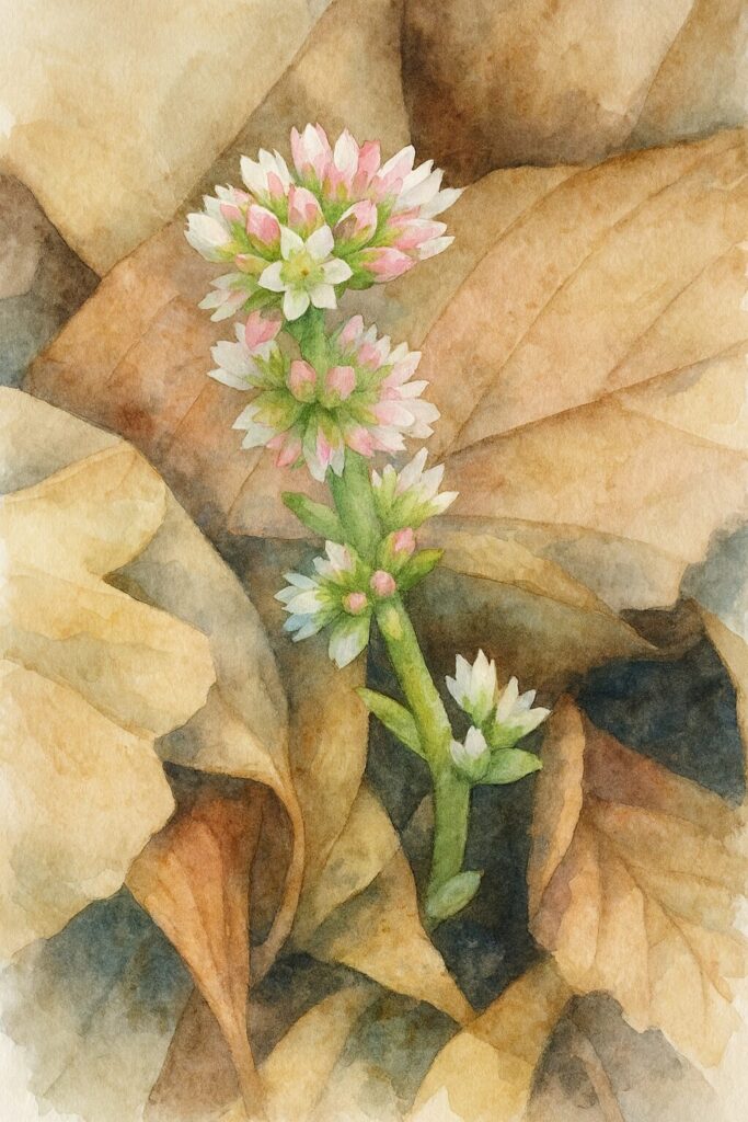 落ち葉背景に白とピンクの小花を咲かせるヒマツリを水彩画風で描いた多肉植物イラスト