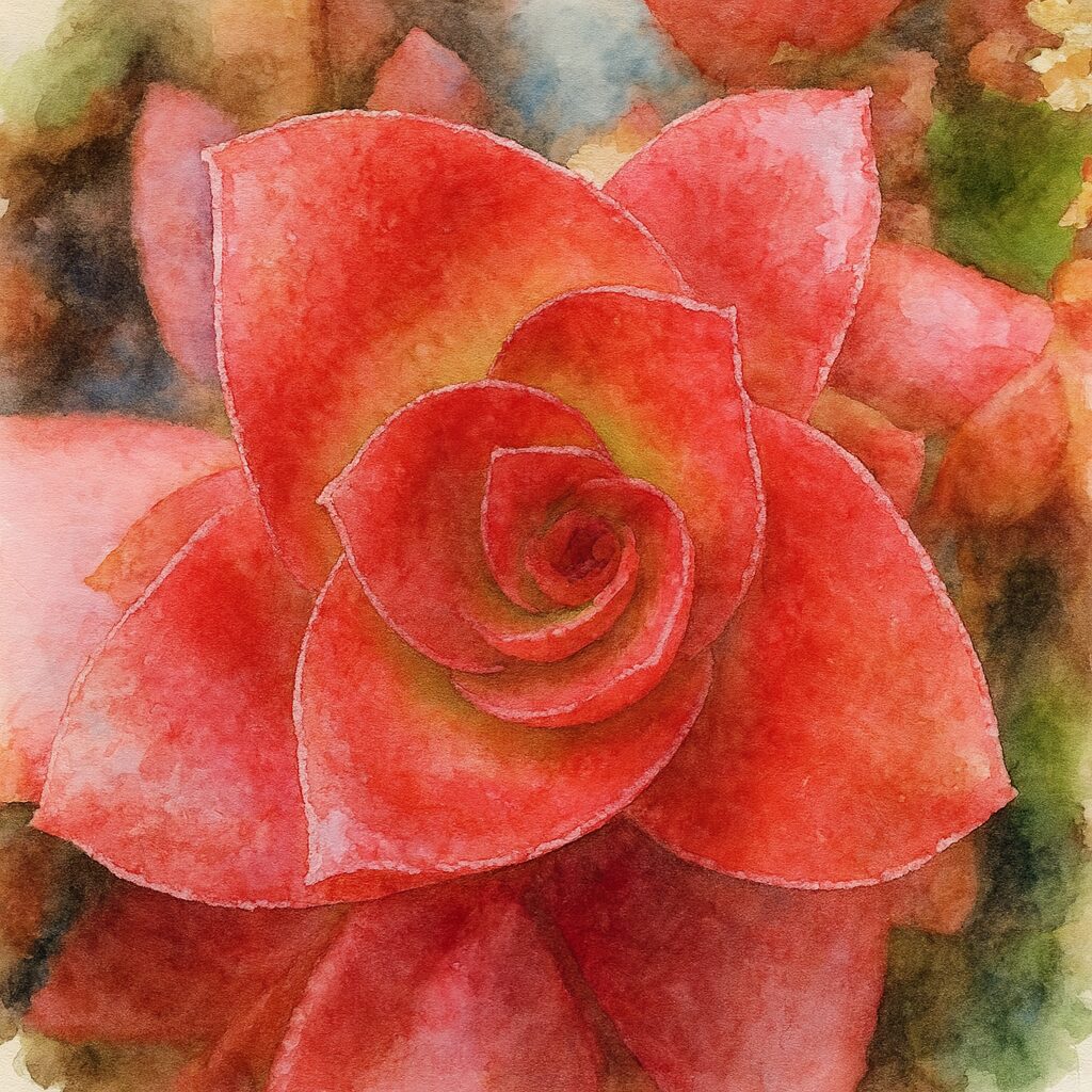 真っ赤なロゼット状の葉が美しいヒマツリの多肉植物を柔らかい水彩画風で描いたイラスト