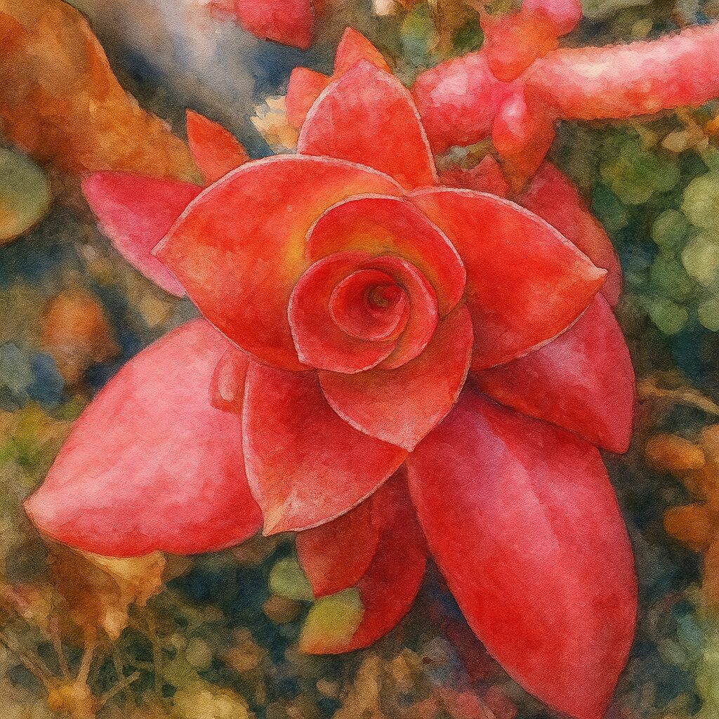 真っ赤なロゼット状の葉を持つヒマツリの多肉植物を柔らかな水彩画風で描いたイラスト
