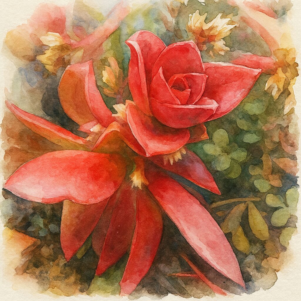 赤いロゼット状の葉が美しいヒマツリの多肉植物を柔らかな水彩画風で描いたイラスト