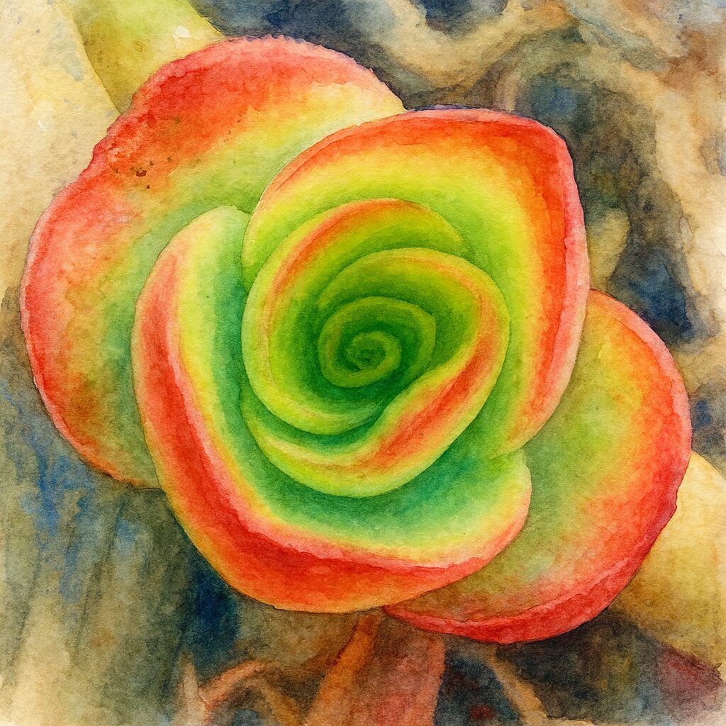 緑と赤のグラデーションが鮮やかなヒマツリのロゼット状多肉植物を水彩画風に描いたイラスト