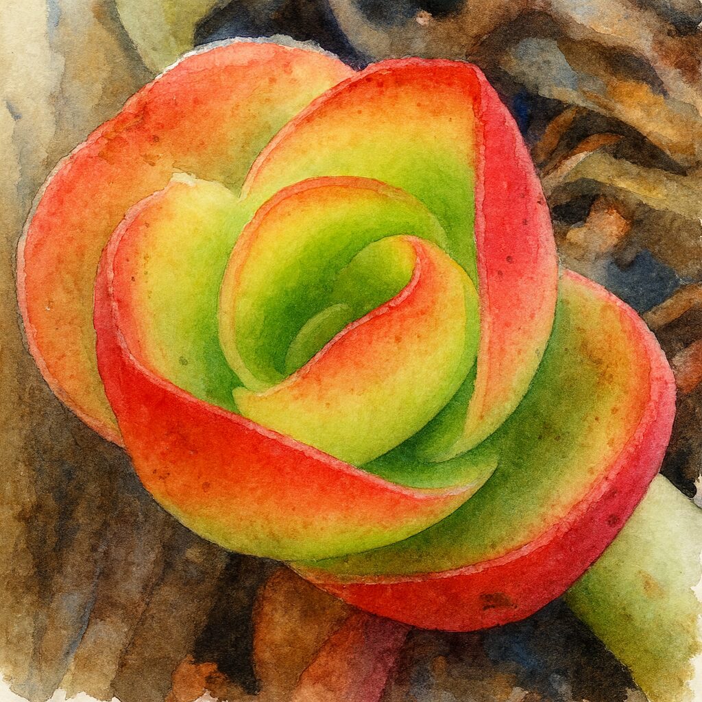 緑と赤のグラデーションが鮮やかなヒマツリのロゼット多肉植物を水彩画風に描いたイラスト