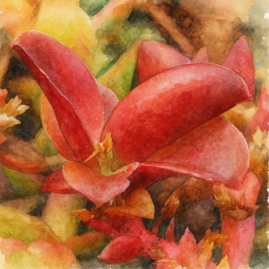 赤い葉が特徴のヒマツリ多肉植物を描いた水彩画風イラスト