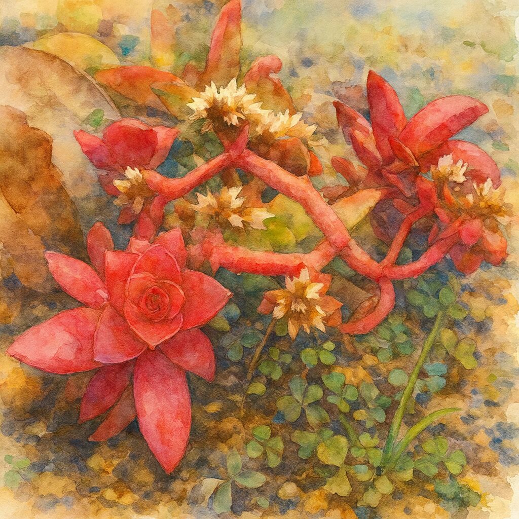 ヒマツリ多肉植物の赤い葉と小さな花を描いた水彩画風のボタニカルイラスト