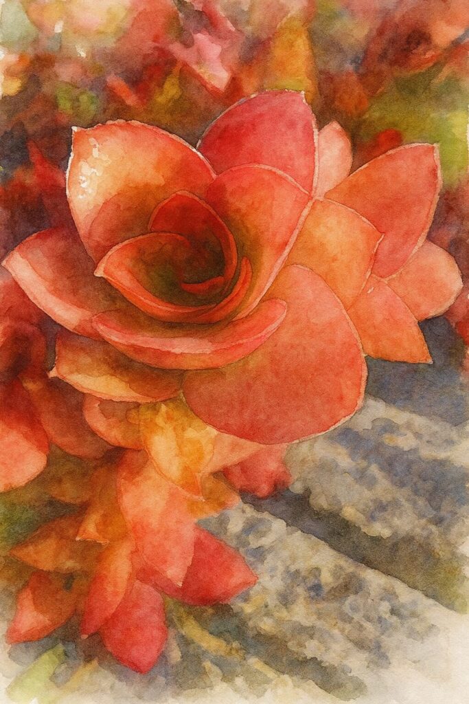 赤い葉が美しいヒマツリ(多肉植物)を描いた水彩画風イラスト