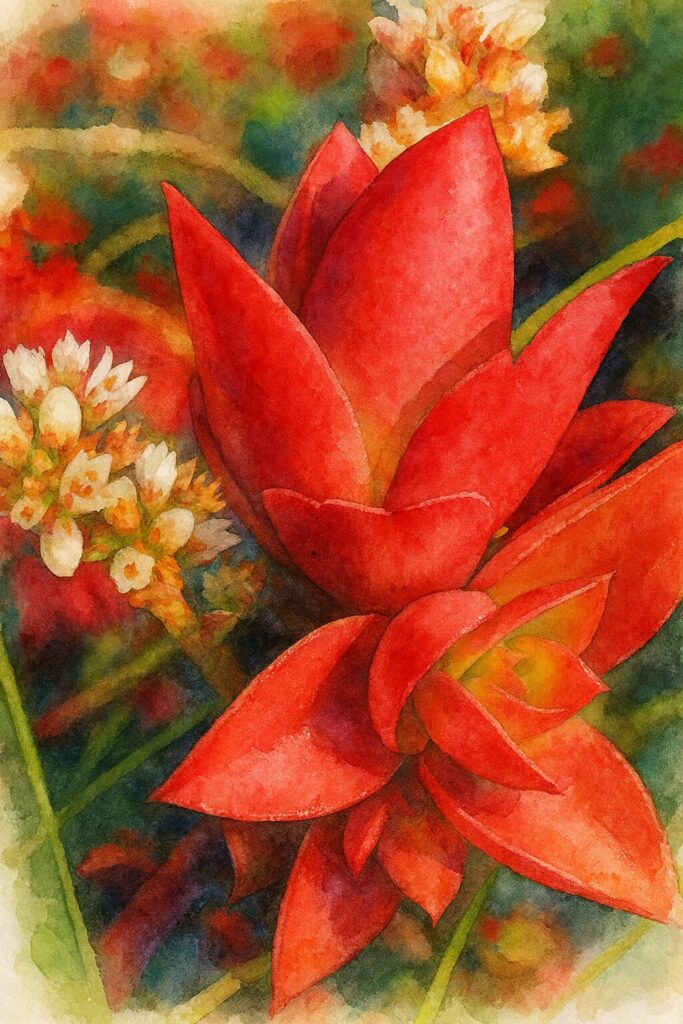 赤い多肉植物ヒマツリを描いた水彩画風イラスト|花と葉の質感を柔らかく表現した植物アート