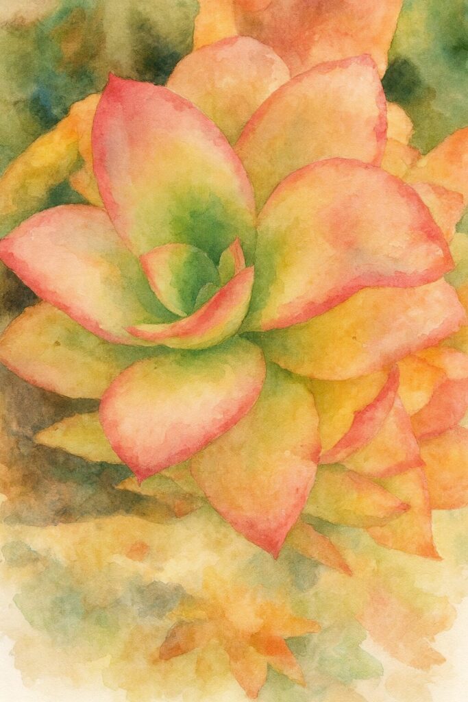 ヒマツリの多肉植物を淡いピンクとグリーンで描いたロゼット状の葉の水彩画イラスト