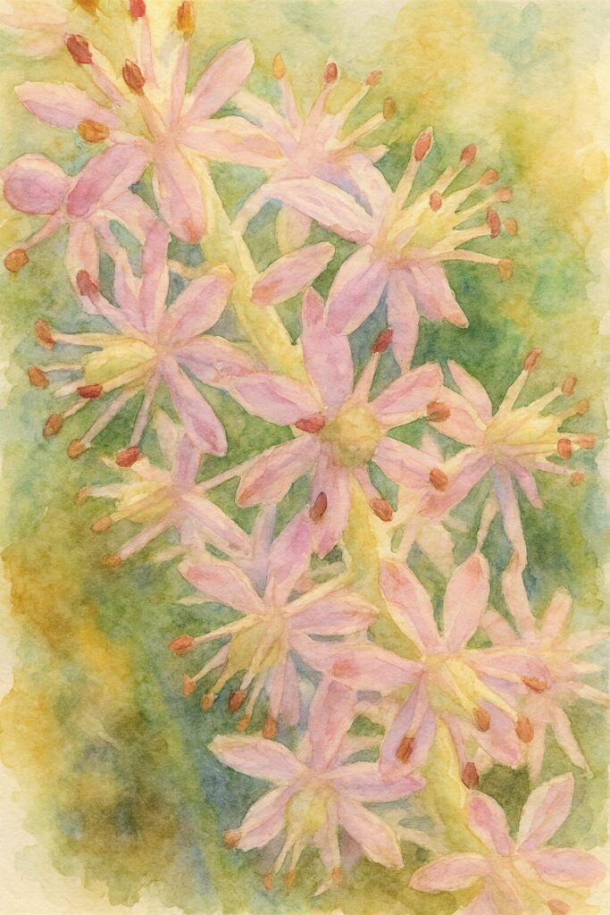 ツルボ（Scilla scilloides）の薄紫色の花穂をやわらかな水彩画風に描いたイラスト