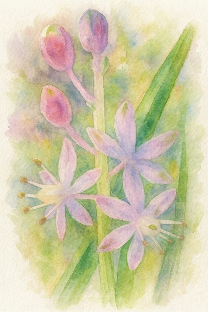 ツルボ（Scilla scilloides）の薄紫色の蕾と星形の花を柔らかな水彩画風に描いたイラスト