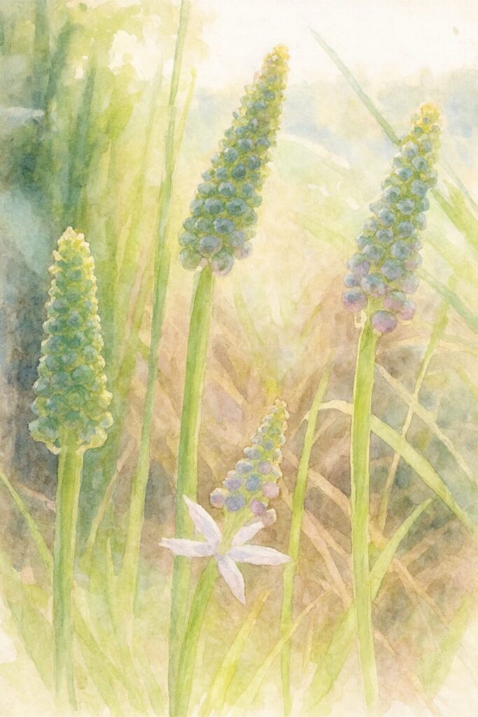 ツルボ（Scilla scilloides）のまだ蕾の花穂を柔らかな水彩画風で描いたイラスト