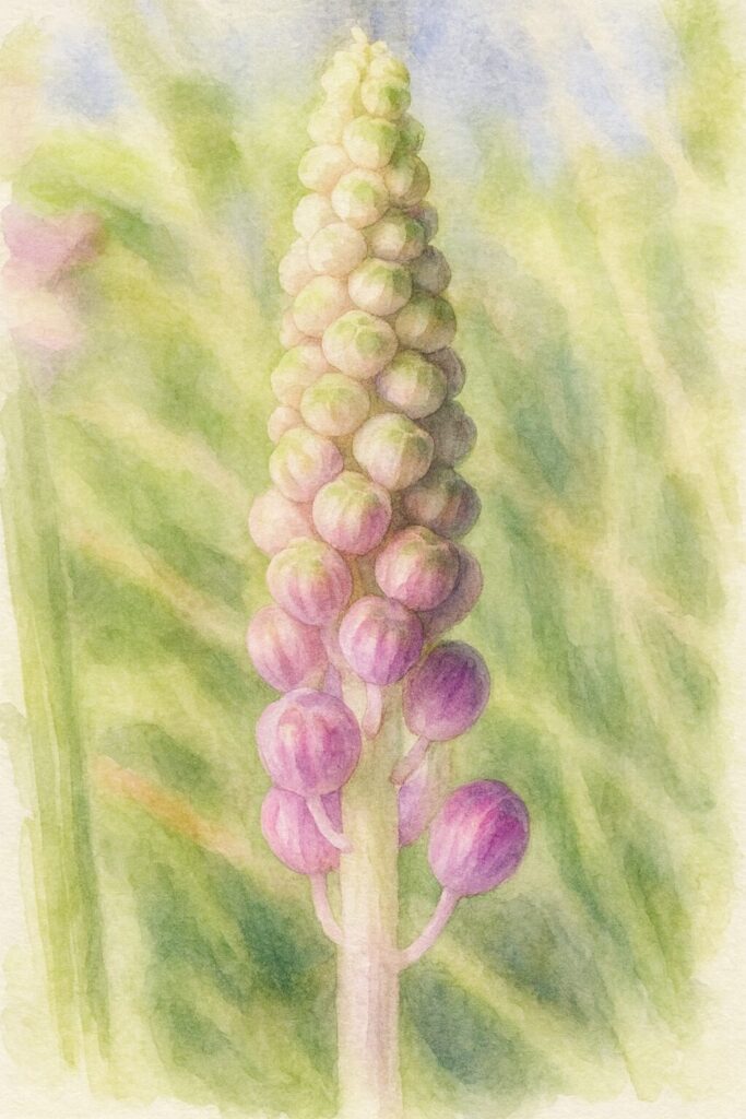 ツルボ（Scilla scilloides）のふっくらした蕾を柔らかな水彩画タッチで描いたイラスト