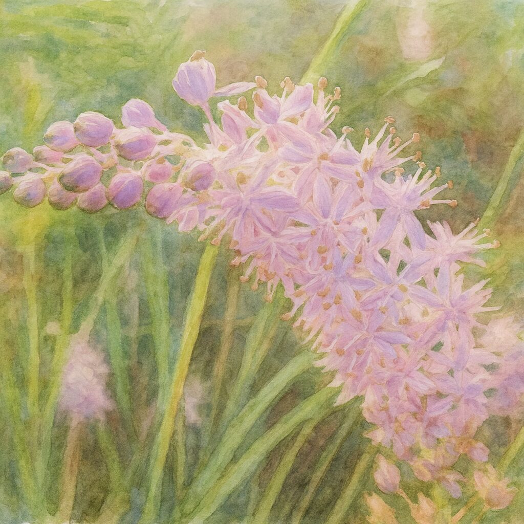 しなる花穂のツルボ（Scilla scilloides）を淡い紫色で描いた柔らかな水彩画風イラスト