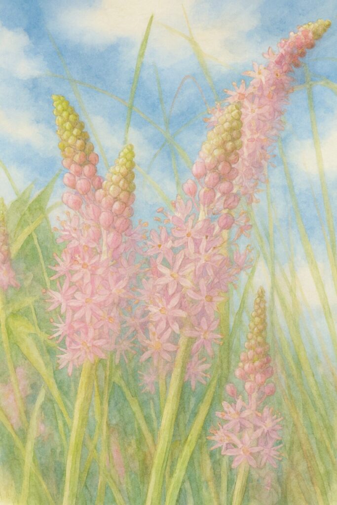 青空を背景に伸びるツルボ（Scilla scilloides）の花穂を淡い紫色で描いた爽やかな水彩画風イラスト