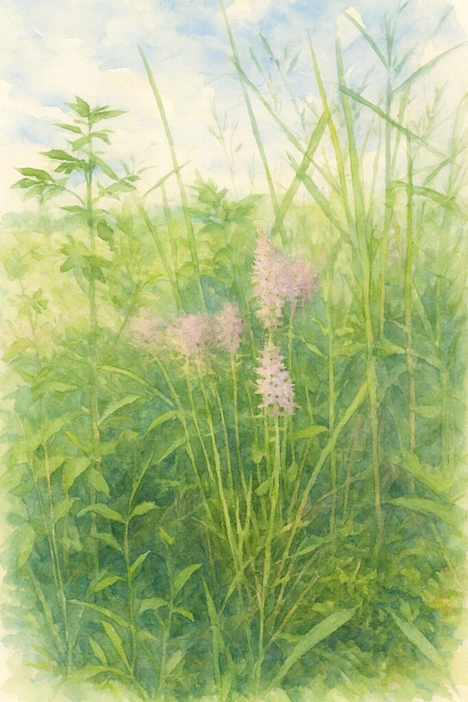 夏草の中に咲くツルボ（Scilla scilloides）の花群を柔らかな水彩画風で描いたイラスト