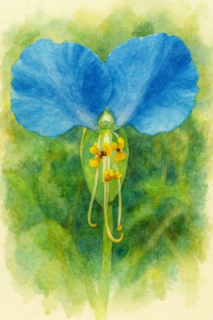 青い花弁と黄色の雄しべが美しいツユクサの水彩画風イラスト｜柔らかな緑の背景