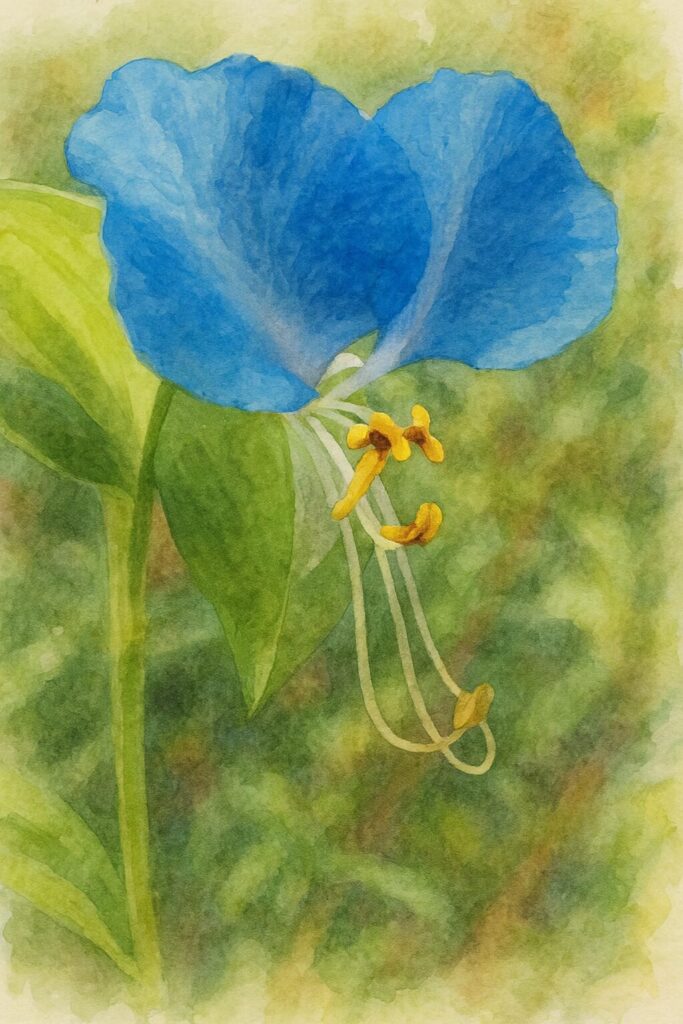青い花弁と黄色い雄しべが美しいツユクサの水彩画風イラスト｜柔らかな緑背景に映える花